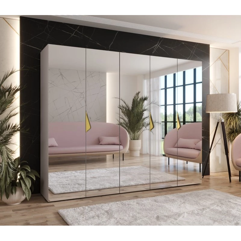 Breiter Kleiderschrank 250 cm AMARIS 3 mit Spiegel - Kaschmir / goldene Griffe