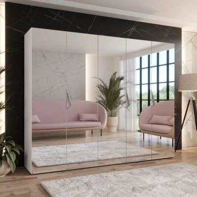 Breiter Kleiderschrank 250 cm AMARIS 3 mit Spiegel - weiß / Griffe aus Kaschmir