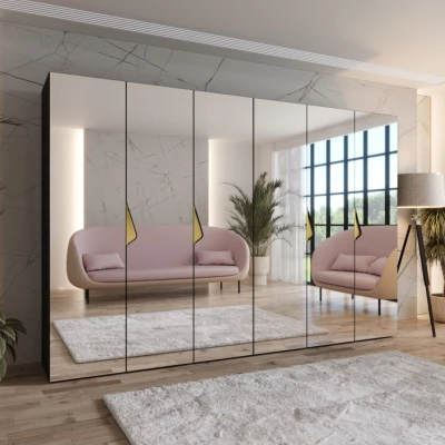 Spiegelschrank mit sechs Türen, 300 cm, AMARIS 3 - schwarz / goldene Griffe