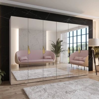 Spiegelschrank mit sechs Türen, 300 cm, AMARIS 3 - Kaschmir / goldene Griffe
