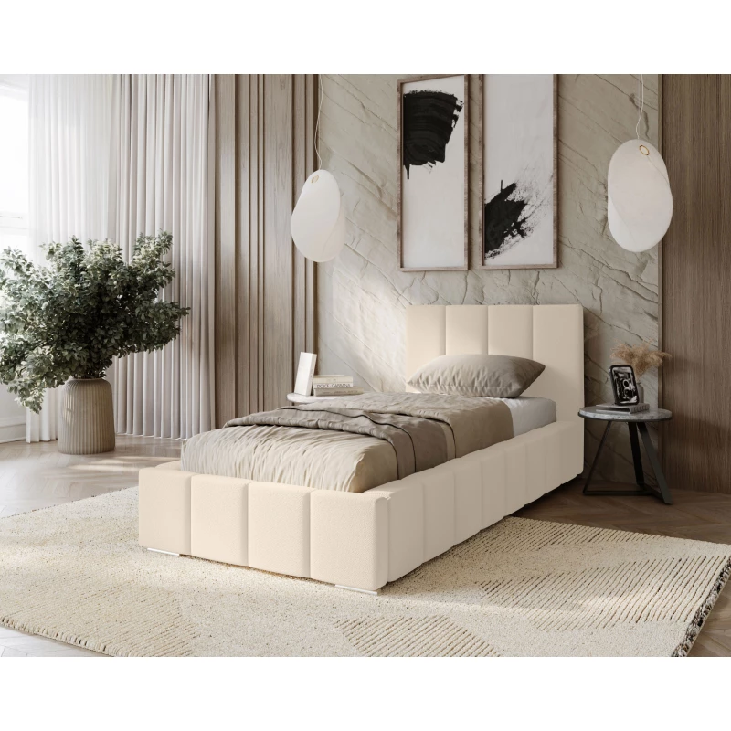 Gepolstertes Einzelbett 100x200 mit Stauraum BURKE - Vanille