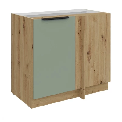Verlängerter Eckschrank LUNARA – Breite 90 cm, grün/handwerklich gefertigte Eiche