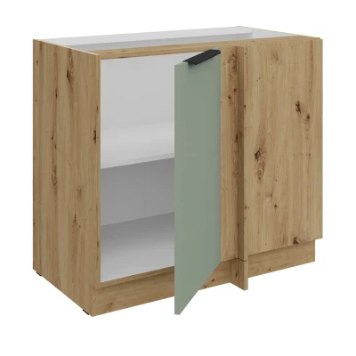 Verlängerter Eckschrank LUNARA – Breite 90 cm, grün/handwerklich gefertigte Eiche
