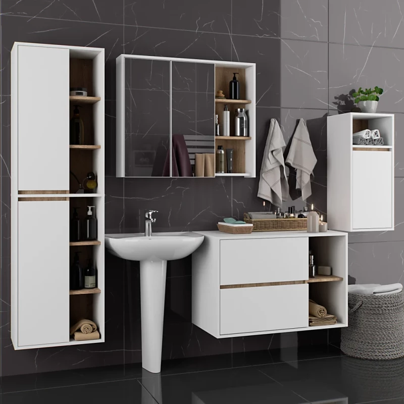 Badezimmer-Set MARLION – Weiß / Sonoma Eiche