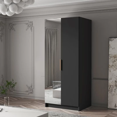 Kleiderschrank mit Spiegel 100 cm LUNES 2 - schwarz / goldener Griff