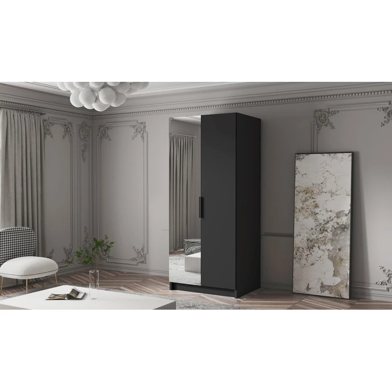 Kleiderschrank mit Spiegel 100 cm LUNES 2 - schwarz / schwarzer Griff