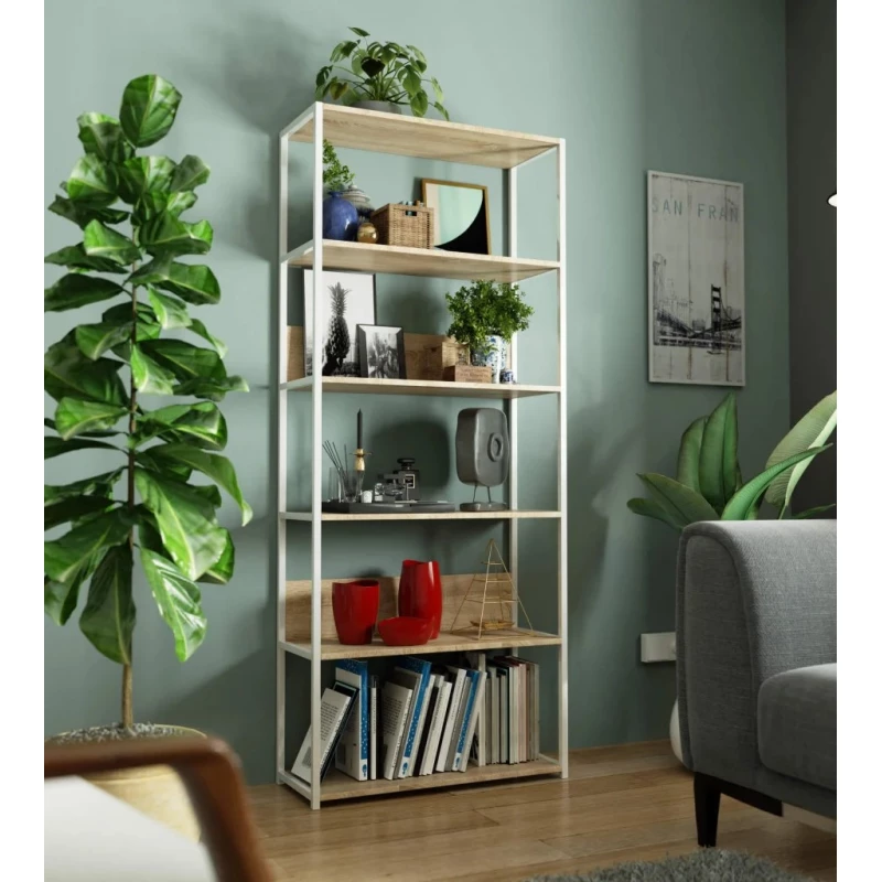 Metallregal 80 cm TOMIRAN - weiß / Sonoma Eiche