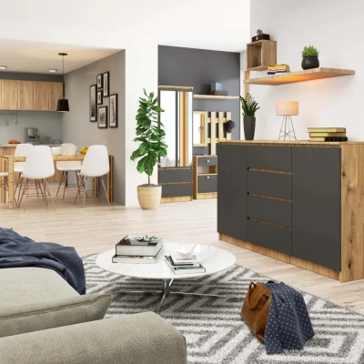 Breite, kombinierte Kommode SAVRILA – Artisan Eiche / Grau