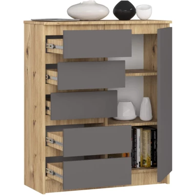 Schmale Kommode SAVRILA – Artisan Eiche / Grau