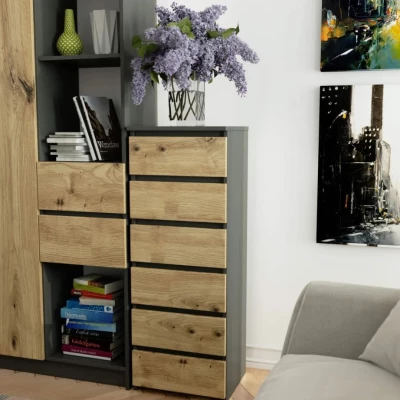 Schmale Schubladenkommode VALESTRA – Dunkelgrau / Artisan Eiche