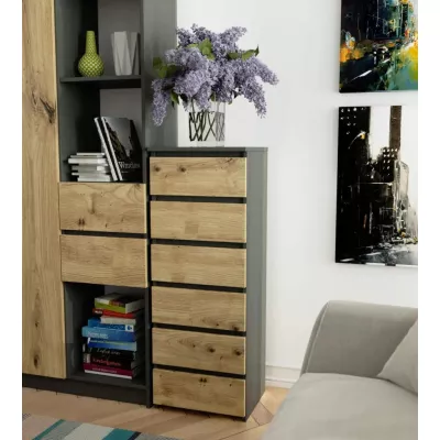 Schmale Schubladenkommode VALESTRA – Dunkelgrau / Artisan Eiche