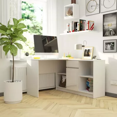 Eckschreibtisch mit Kommode RALIO – weiß / weiß glänzend