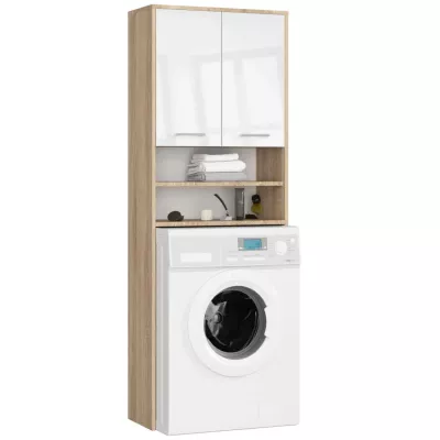 Badezimmerschrank über der Waschmaschine MERALYA - Sonoma Eiche / Hochglanzweiß