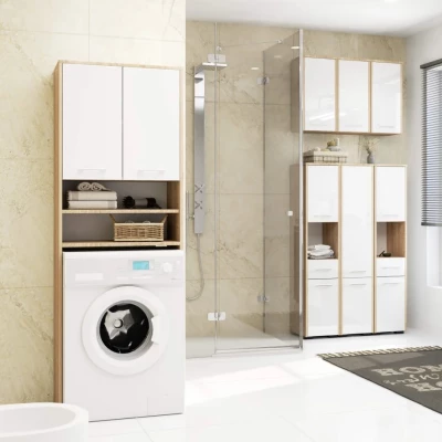 Badezimmerschrank über der Waschmaschine MERALYA - Sonoma Eiche / Hochglanzweiß