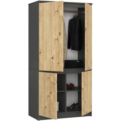 Viertüriger Kleiderschrank 90 cm LOTA - grau / Artisan Eiche