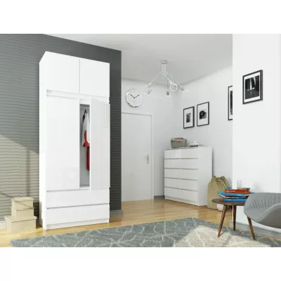 Kleiderschrank mit 90 cm Auszug LOTA – weiß / glänzend weiß