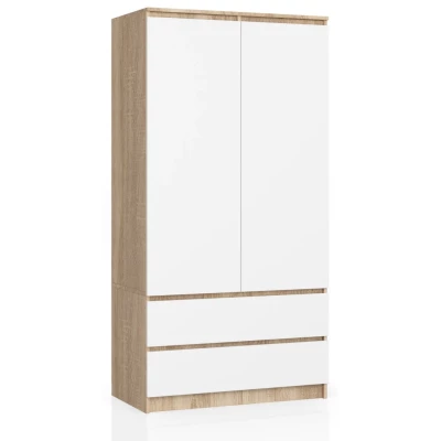 Kleiderschrank mit Schubladen, 90 cm, LOTA – Sonoma Eiche/Weiß