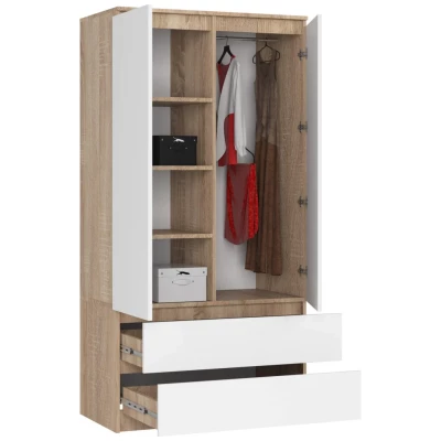 Kleiderschrank mit Schubladen, 90 cm, LOTA – Sonoma Eiche/Weiß