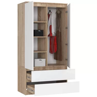 Kleiderschrank mit Schubladen, 90 cm, LOTA – Sonoma Eiche/Weiß
