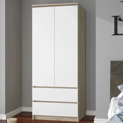 Kleiderschrank mit Schubladen, 90 cm, LOTA – Sonoma Eiche/Weiß