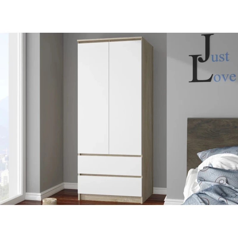 Kleiderschrank mit Schubladen, 90 cm, LOTA – Sonoma Eiche/Weiß