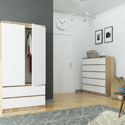 Kleiderschrank mit Schubladen, 90 cm, LOTA – Sonoma Eiche/Weiß