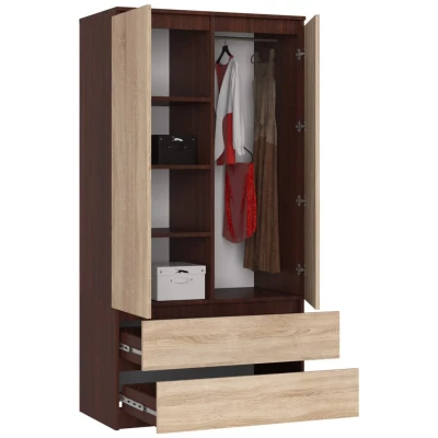 Kleiderschrank mit Schubladen, 90 cm, LOTA – Wenge/Sonoma Eiche