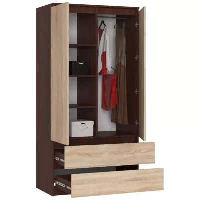 Kleiderschrank mit Schubladen, 90 cm, LOTA – Wenge/Sonoma Eiche