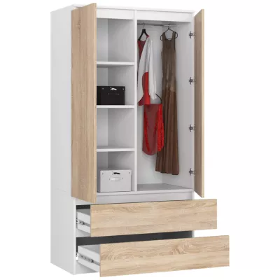 Kleiderschrank mit Schubladen 90 cm LOTA - weiß / Sonoma Eiche