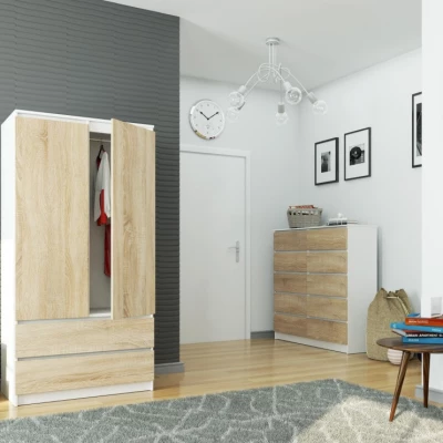 Kleiderschrank mit Schubladen 90 cm LOTA - weiß / Sonoma Eiche