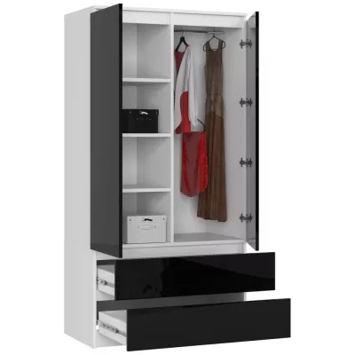 Kleiderschrank mit Schubladen, 90 cm, LOTA – weiß/schwarz glänzend