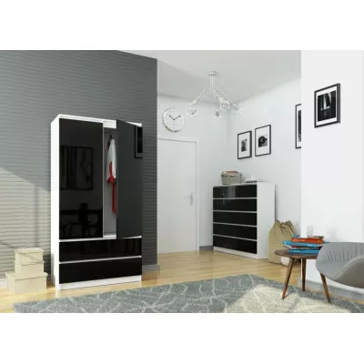 Kleiderschrank mit Schubladen, 90 cm, LOTA – weiß/schwarz glänzend