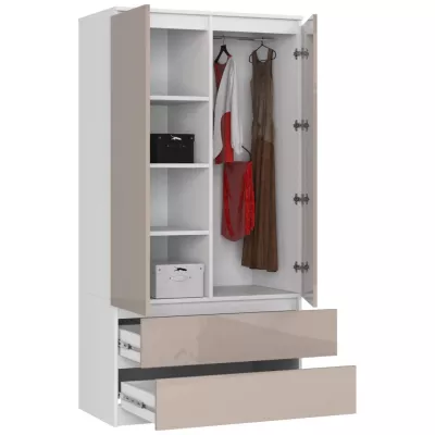 Kleiderschrank mit Schubladen, 90 cm, LOTA – Weiß/Cappuccino glänzend