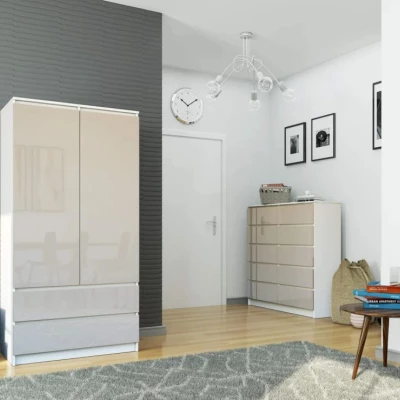 Kleiderschrank mit Schubladen, 90 cm, LOTA – Weiß/Cappuccino glänzend