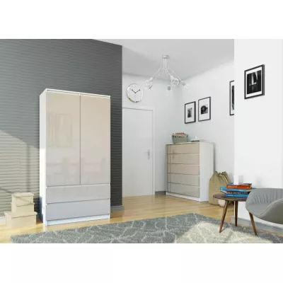 Kleiderschrank mit Schubladen, 90 cm, LOTA – Weiß/Cappuccino glänzend