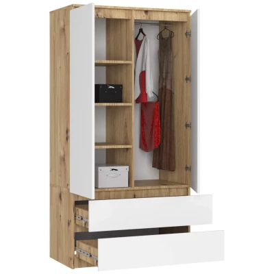 Kleiderschrank mit Schubladen, 90 cm, LOTA – Artisan Eiche / weiß