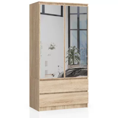 Kleiderschrank mit Schubladen und Spiegeln, 90 cm, LOTA – Sonoma Eiche