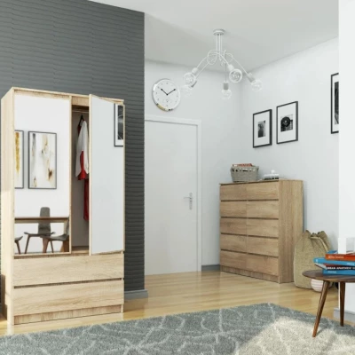 Kleiderschrank mit Schubladen und Spiegeln, 90 cm, LOTA – Sonoma Eiche
