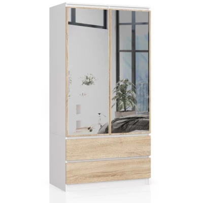 Kleiderschrank mit Schubladen und Spiegeln, 90 cm, LOTA – weiß/sonoma Eiche