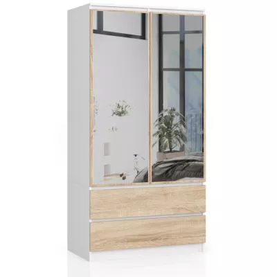 Kleiderschrank mit Schubladen und Spiegeln, 90 cm, LOTA – weiß/sonoma Eiche