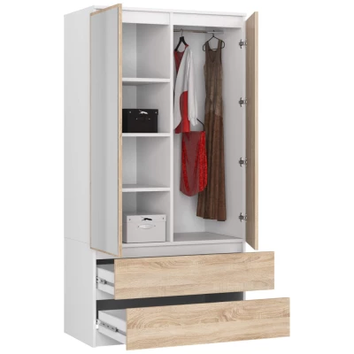 Kleiderschrank mit Schubladen und Spiegeln, 90 cm, LOTA – weiß/sonoma Eiche