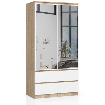 Kleiderschrank mit Schubladen und Spiegeln, 90 cm, LOTA – Sonoma Eiche/Weiß