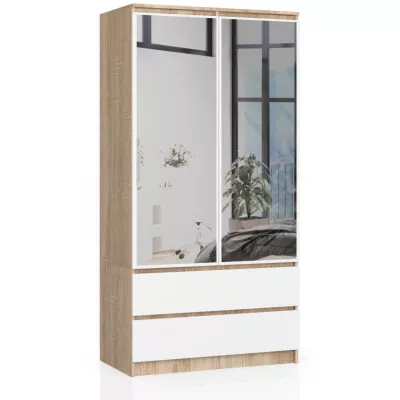 Kleiderschrank mit Schubladen und Spiegeln, 90 cm, LOTA – Sonoma Eiche/Weiß