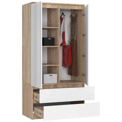 Kleiderschrank mit Schubladen und Spiegeln, 90 cm, LOTA – Sonoma Eiche/Weiß