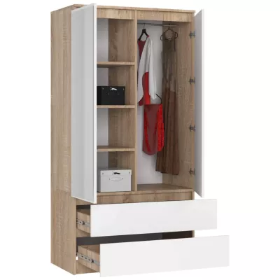 Kleiderschrank mit Schubladen und Spiegeln, 90 cm, LOTA – Sonoma Eiche/Weiß