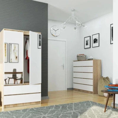 Kleiderschrank mit Schubladen und Spiegeln, 90 cm, LOTA – Sonoma Eiche/Weiß