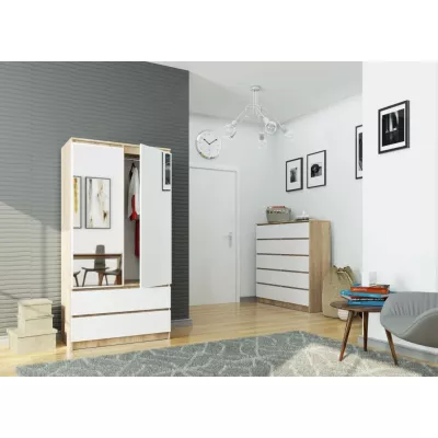 Kleiderschrank mit Schubladen und Spiegeln, 90 cm, LOTA – Sonoma Eiche/Weiß