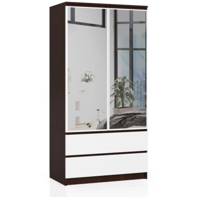 Kleiderschrank mit Schubladen und Spiegeln, 90 cm, LOTA – Wenge/Weiß