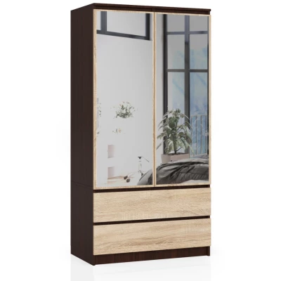 Kleiderschrank mit Schubladen und Spiegeln, 90 cm, LOTA – Wenge/Sonoma Eiche