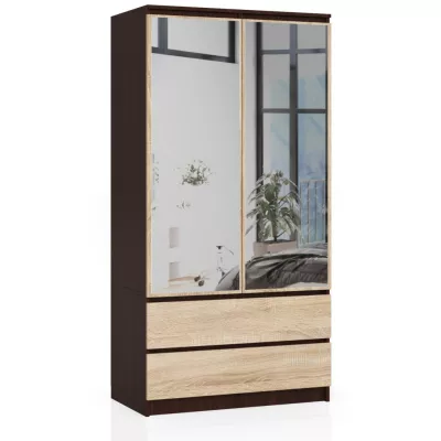 Kleiderschrank mit Schubladen und Spiegeln, 90 cm, LOTA – Wenge/Sonoma Eiche